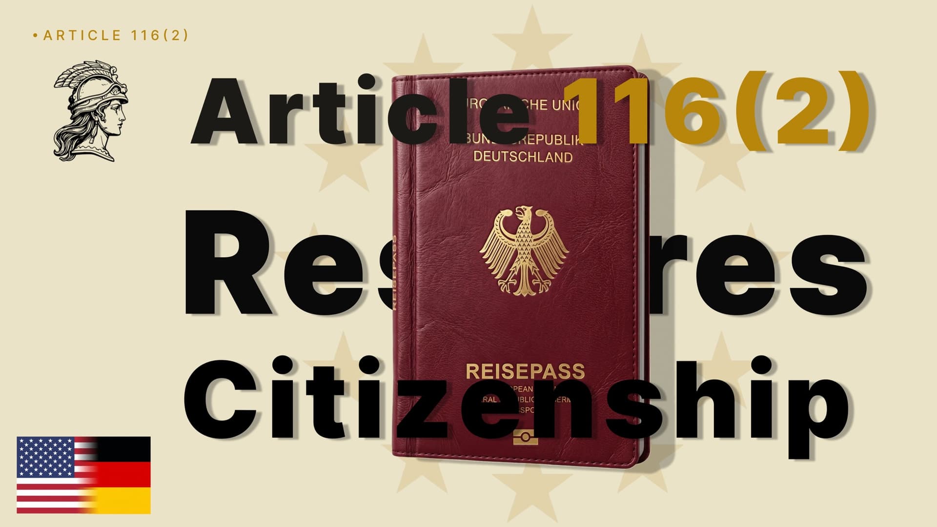 Article 116 (2) of the German Basic Law restores citizenship to descendants of those persecuted between 1933 and 1945 - German passport with Bundesadler beside US and German flags