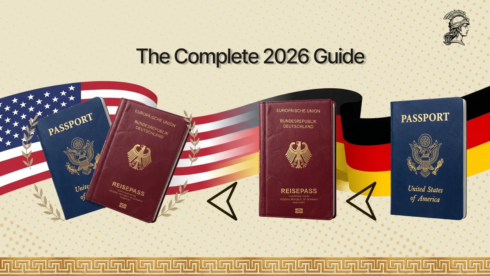 German citizenship by descent across generations - US and German passports flanked by American and German flags with chevron arrows indicating transmission from a German ancestor to American descendants - The Complete 2026 Guide
