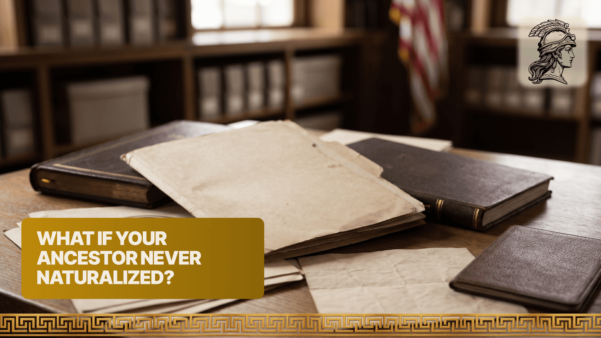 Closed leather ledgers, blank aged papers and a sepia family portrait on an archive desk, representing the search for an ancestor's naturalization records