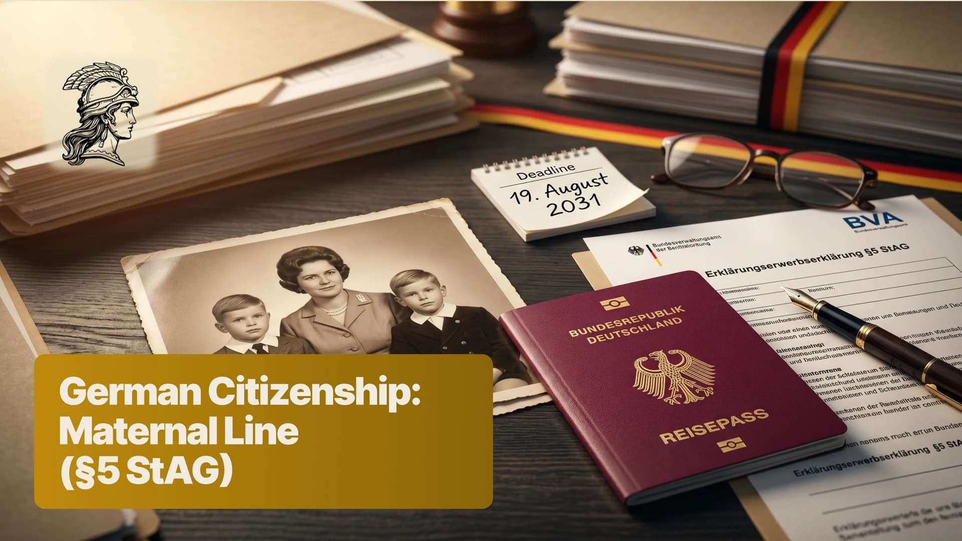 German citizenship by descent, maternal line under §5 StAG - a German passport over a Bundesverwaltungsamt declaration form (Erklärungserwerb, §5 StAG) stamped with the August 19, 2031 deadline.
