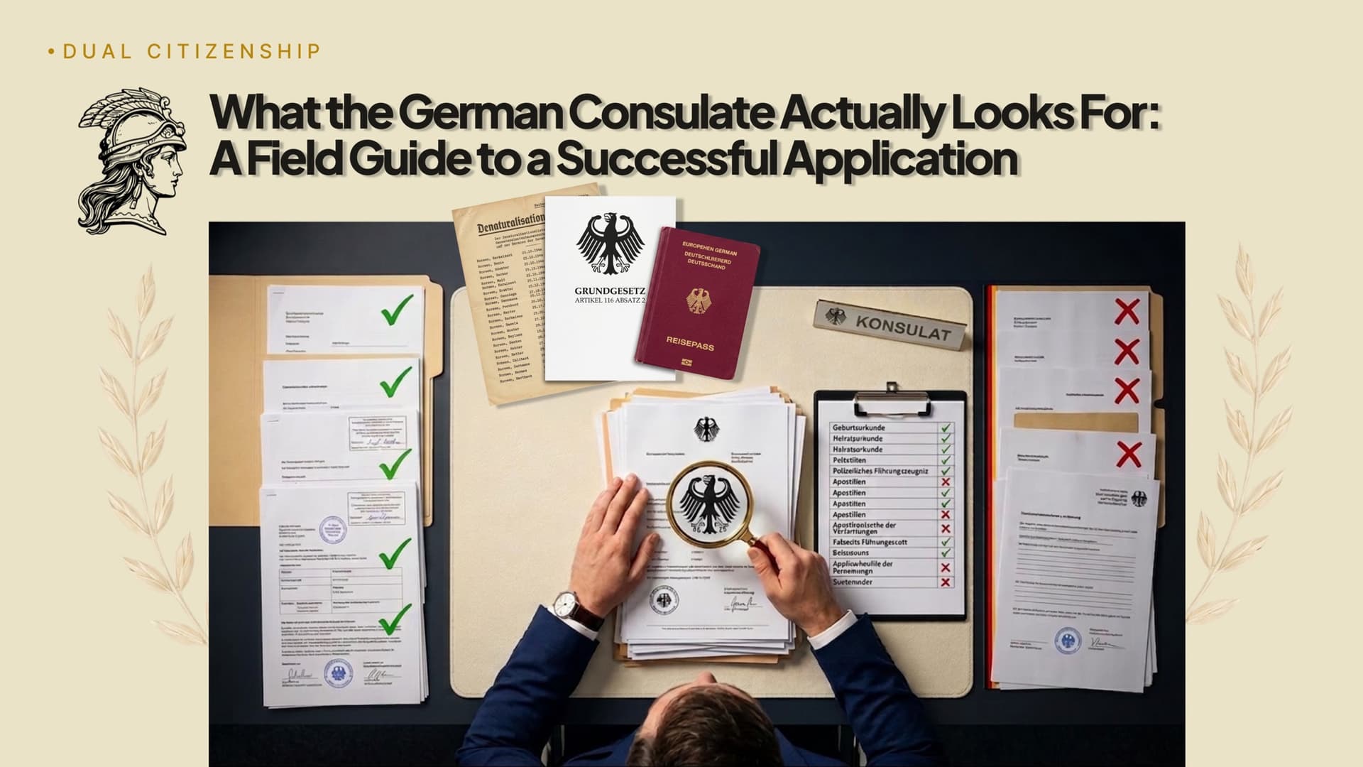 What the German consulate actually looks for in a citizenship application - top-down view of a consular reviewer examining a German citizenship file with a magnifying glass, with approved documents marked in green, rejected documents marked in red, a German passport, the Grundgesetz and a Konsulat name plate on a dark wooden desk.
