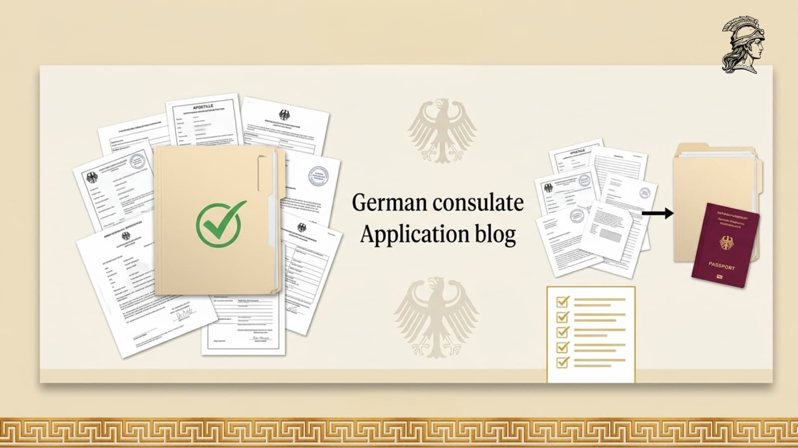 Complete vs incomplete German citizenship application file - illustration of a properly assembled consular file with apostilled birth certificates, naturalization records and supporting documents leading to an approved German passport, compared with a thin incomplete file.