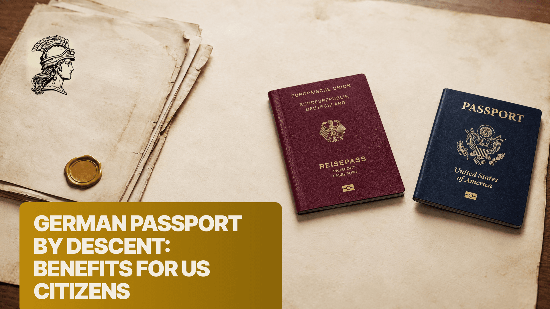 Old German family documents next to a US passport and a German passport, illustrating citizenship by descent for American families