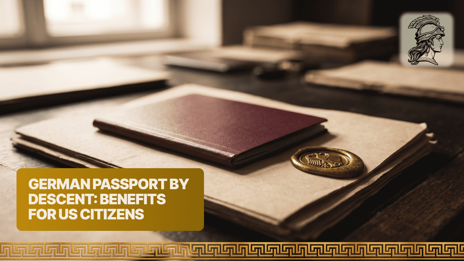 Closed burgundy German passport lying on a stack of aged family documents beside a wax seal, illustrating what a German passport by descent entails for US citizens