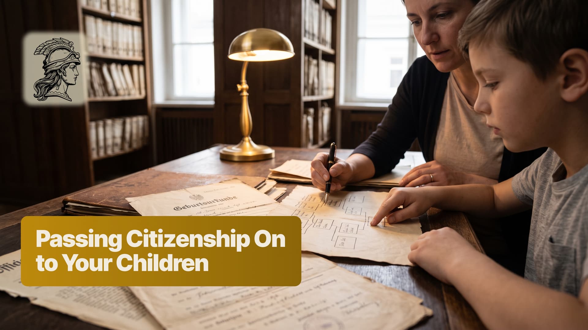Parent and child reviewing German citizenship documents at a desk, representing passing on restored German citizenship to the next generation