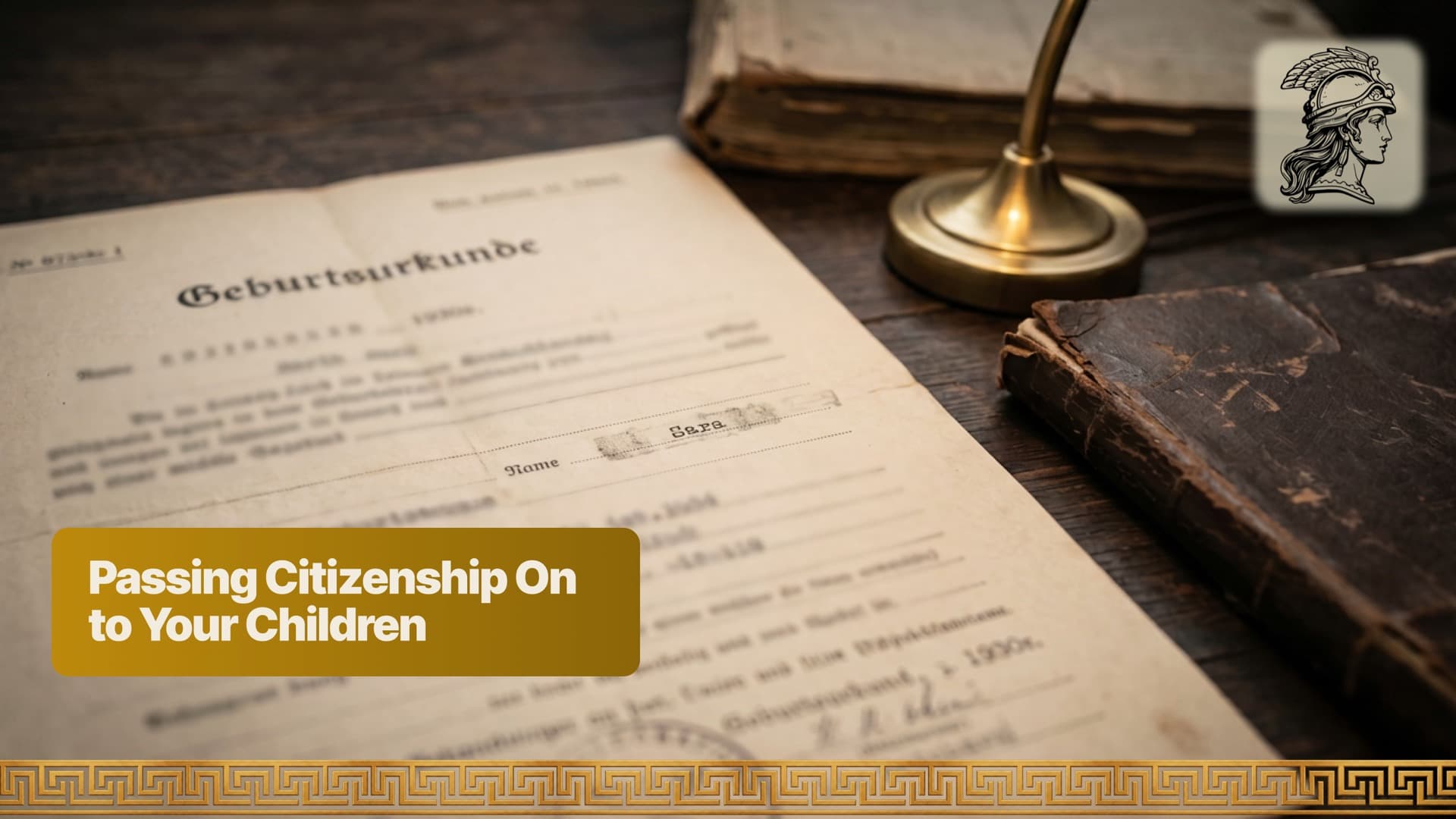 Historic German Geburtsurkunde open on a desk beside old record books, the birth entry that fixes a child's place in the chain of descent