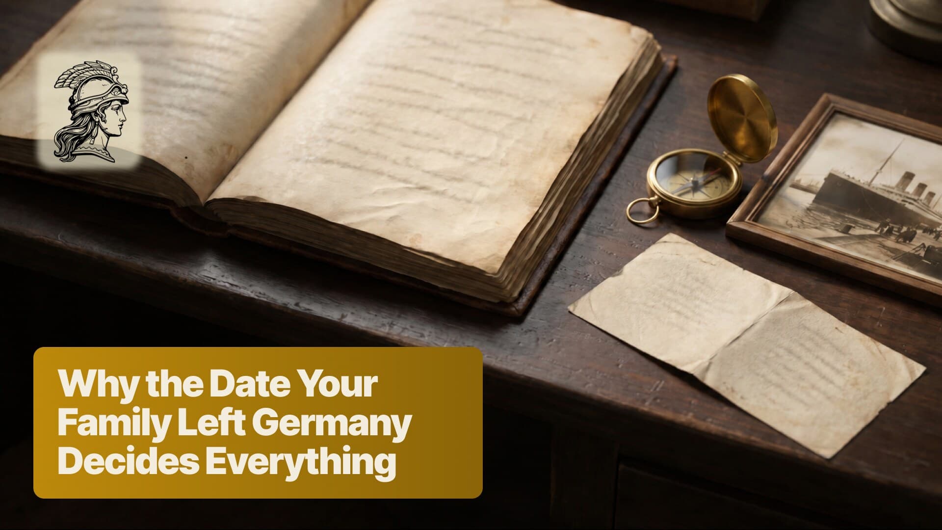 An open nineteenth-century register on a dark archive desk beside a brass pocket compass and a framed sepia photograph of a transatlantic steamer - the records that fix the date a family left Germany