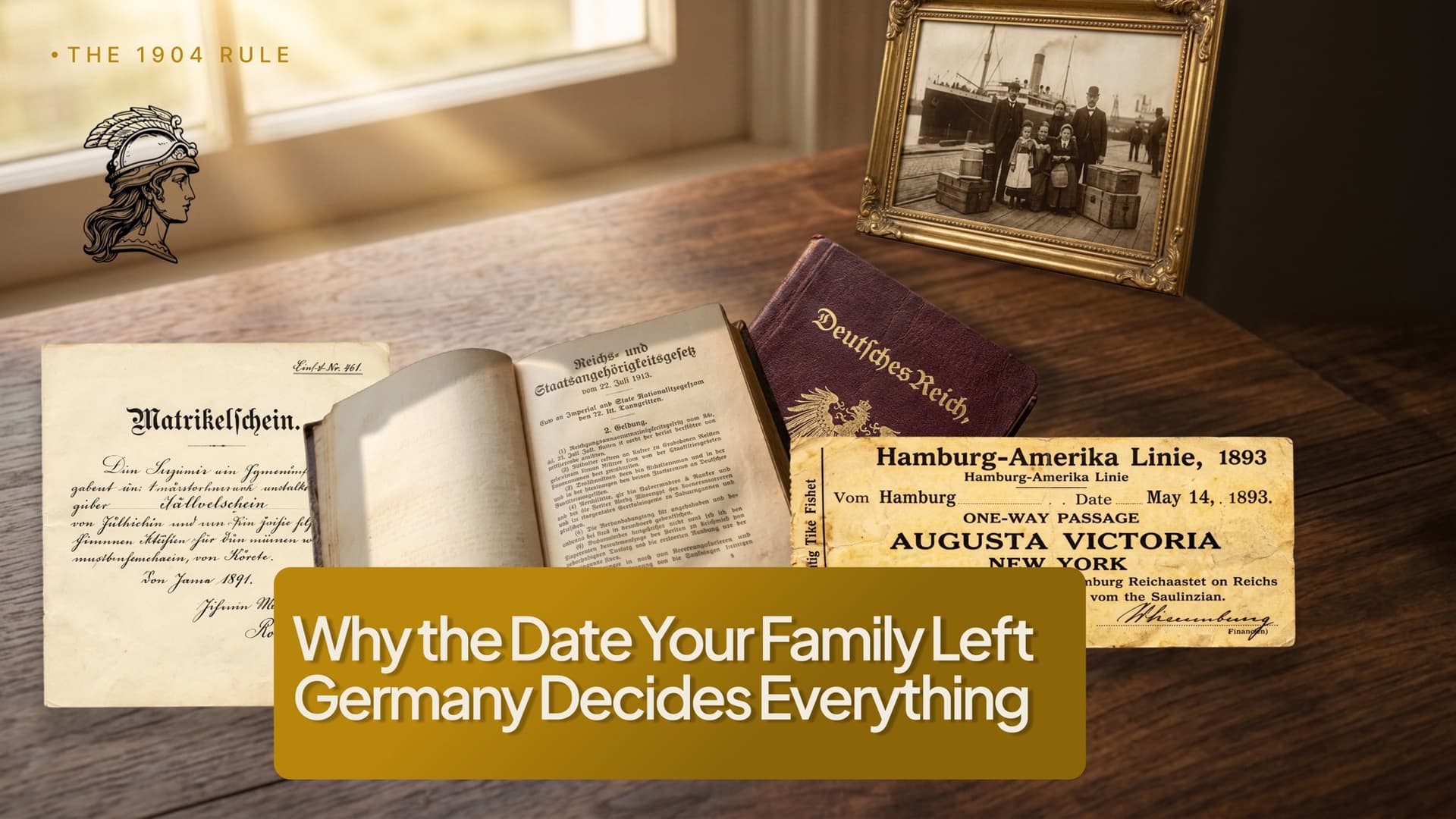 The 1904 Rule in German citizenship by descent - vintage Matrikelschein consular registration document, German Empire passport and an original 1893 Hamburg-Amerika Linie one-way ticket on the steamship Augusta Victoria from Hamburg to New York, with a sepia photograph of a 19th-century German emigrant family.