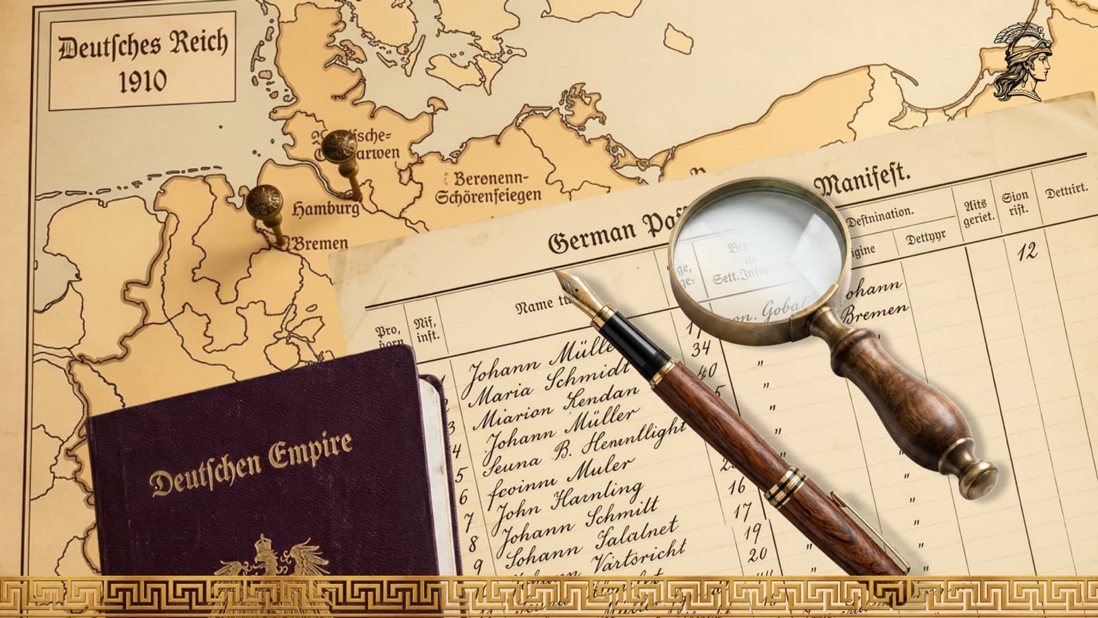 Pre-1904 German emigration evidence - historical map of the German Empire from 1910 with Hamburg and Bremen marked, a handwritten German passenger ship manifest listing emigrant names, a pre-1913 German Empire passport, a fountain pen and a magnifying glass, illustrating the documentation used in pre-1904 citizenship cases under the ten-year loss rule.