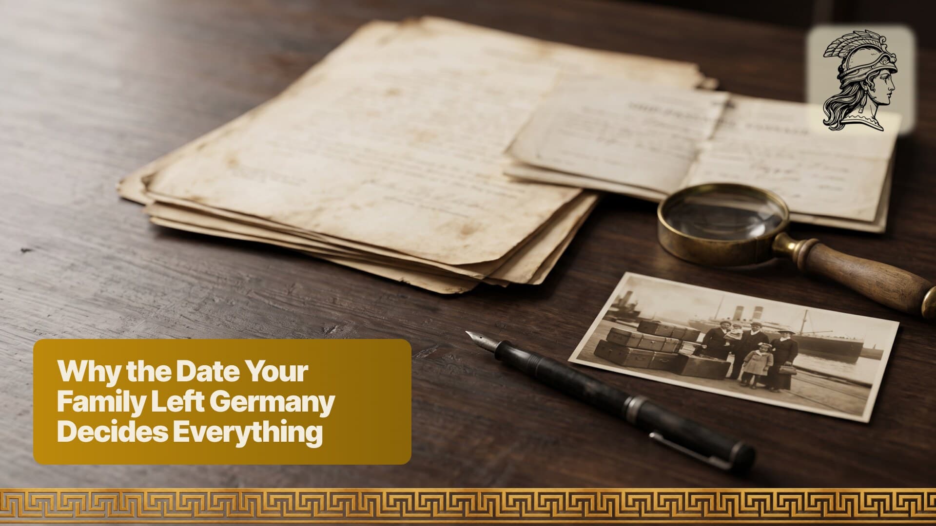 A stack of aged German emigration papers on a dark desk with a brass magnifier, a fountain pen and a sepia photograph of a family with steamer trunks on a quayside